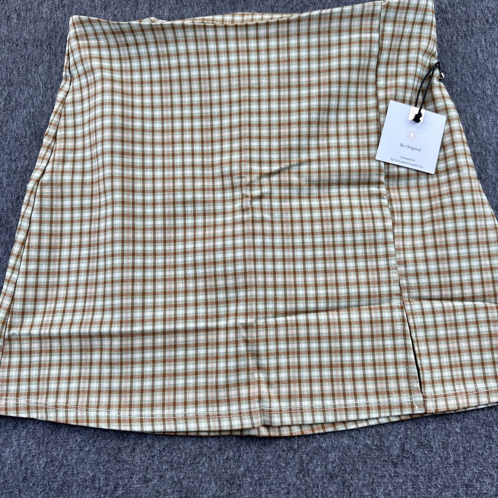 Originality Mini Skirt‎ Medium Brown Green Plaid Slit Stretch Y2K School New